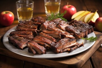 charred ribs on a platter with pieces of applewood