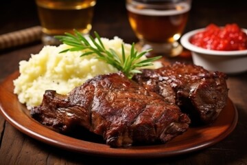 juicy ribs with a side of mashed potatoes