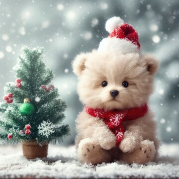 image of a small fluffy bear cub in a Santa Claus hat near a green Christmas tree