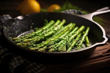 asparagus with their tops crisped in a playfully coated frying pan - obrazy, fototapety, plakaty