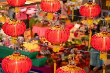 Chinese new year lantern in chinatown area..Translate chinese alphabet Daji dali on Lantern meaning profitable trade - obrazy, fototapety, plakaty
