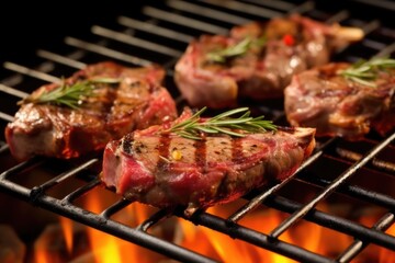 lamb chops on the grill, garnished with fresh rosemary