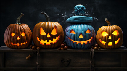 Painted Halloween pumpkins on a white shelf against