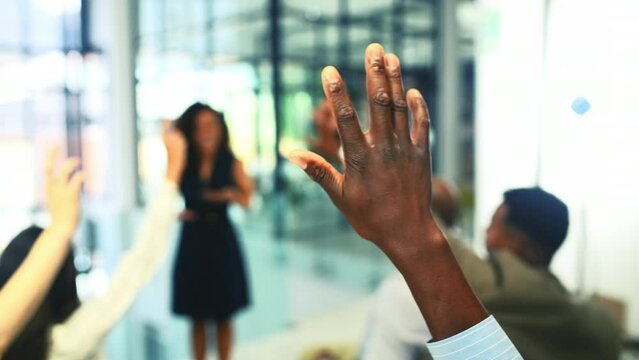 Business people, hands and question in seminar with audience feedback. Conference, presentation and coaching clients or group vote in meeting with FAQ, ideas or asking presenter in training for info