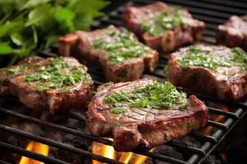 lamb chops garnished with mint sprigs on a grill