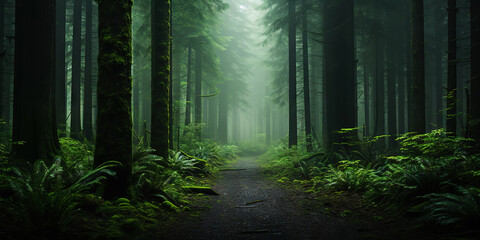 Obraz premium Misty road in fir forest. Minimalistic scenery. Generative AI