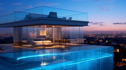 A rooftop pool with a transparent acrylic wall facing the interior of the home. - obrazy, fototapety, plakaty