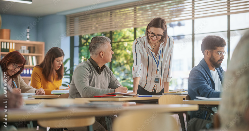 Poster helpful young teacher talking with an adult man, helping to find a solution for a test course assign
