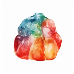 Colorful watercolor image of a fruit-shaped gummy candy on white background. AI generated