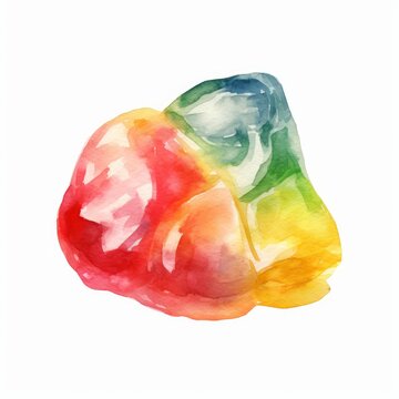 Colorful watercolor image of a fruit-shaped gummy candy on white background. AI generated