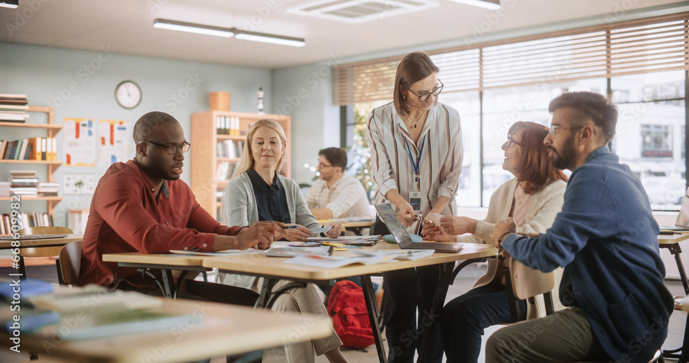 Poster grown up men and women working in groups for an assignment in specialty development center. adult cl