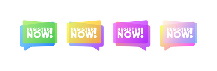 Register now bubbles. Flat, purple, message bubble, register now bubbles. Vector icon