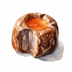 Mouthwatering watercolor image of a chocolate-covered caramel candy on white. AI generated