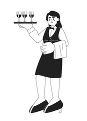 Waitress restaurant black and white cartoon flat illustration. Caucasian female hostess server carrying tray wineglasses linear 2D character isolated. Catering servant monochromatic scene vector image