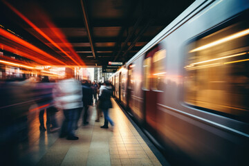 quai du métro aux heures d'affluence avec effet de vitesse flou du train - obrazy, fototapety, plakaty