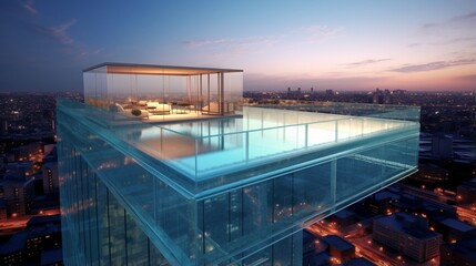 A rooftop pool with a transparent side extending over the edge of the building.