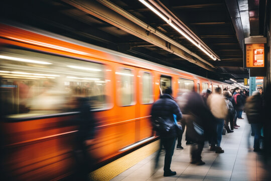 quai du métro aux heures d'affluence avec effet de vitesse flou du train