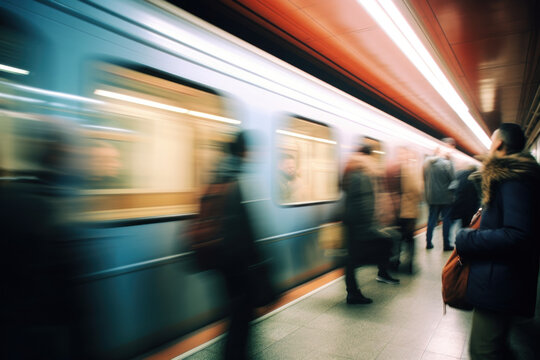 quai du m&eacute;tro aux heures d'affluence avec effet de vitesse flou du train