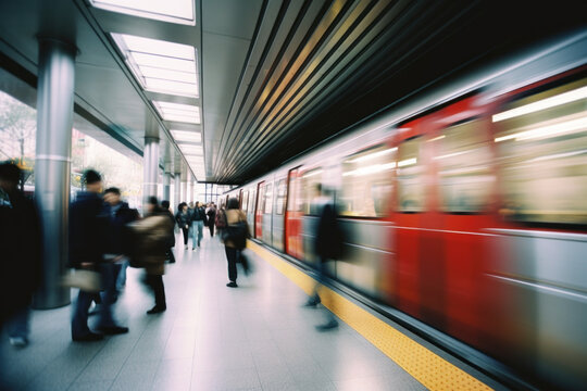 quai du m&eacute;tro aux heures d'affluence avec effet de vitesse flou du train
