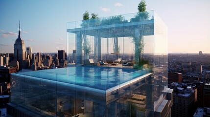 A rooftop pool with a transparent side extending beyond the building's edge.