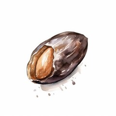 Sweet watercolor image of a chocolate-covered almond on white background. AI generated