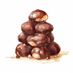 Sweet watercolor image of a chocolate-covered peanut cluster on white background. AI generated