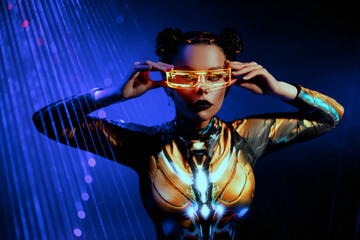 Art Portrait Fantasy cyborg woman robot costume glowing glasses metal body cyberpunk style hair. Sexy alien girl in virtual reality game lady warrior future vr laser light smoke. Fashion model posing.