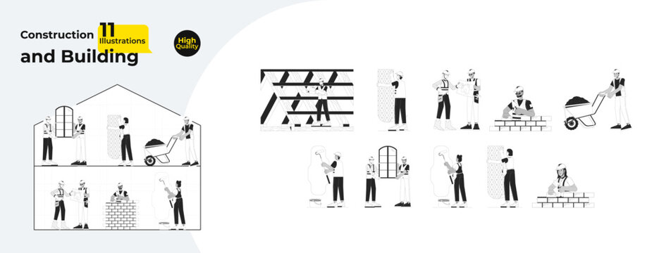 Home construction site black and white cartoon flat illustration bundle. Contractors hardhats 2D lineart characters isolated. Wallpaper, bricklaying monochrome scenes vector outline image collection