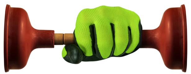 Hand with green and black protective work glove, holding two red rubber plungers with wooden handle, isolated on white or transparent background, png.