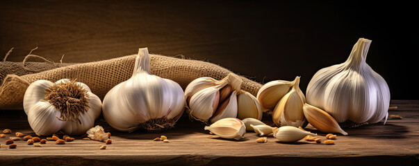 Fresh garlic cloves and bulbs on wooden table. Garlic banner