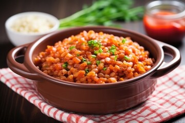 Fototapeta na wymiar bbq baked beans garnished with chives in ceramic bowl