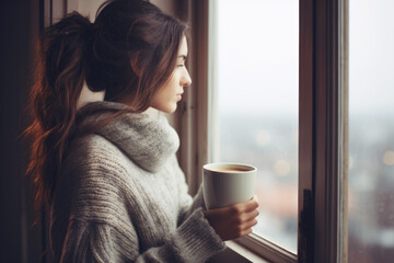 Portrait of happy young woman in cozy sweater holding a cup of hot drink and looking trough the window, enjoying the winter morning at home, side view - obrazy, fototapety, plakaty