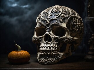 Halloween background. In the eerie ambiance of a Halloween night. Carved skull on the table