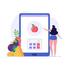 Happy woman counting daily calories with diet app. Concept of calories count, diet app for nutrition and dieting, weight loss calculator. Girl using diet app for meal plan. Vector illustration in flat