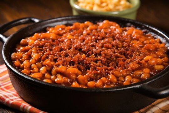 close-up shot of bbq baked beans with bubbling sauce