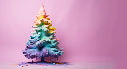Christmas tree made of colorful powder. Creative art idea of new year tree on a pastel pink bright background. Copy space.