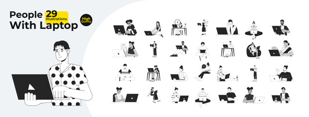 Laptop working people diverse black and white cartoon flat illustration bundle. Notebook people 2D lineart characters isolated. Freelancers gadgets monochrome vector outline image collection