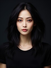 Fototapeta premium Stylish brunette asian girl wearing black t-shirt posing on studio , simple clothing style photography 