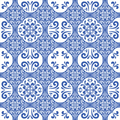Pattern blue and white.Original traditional Portuguese and Spain decor.Seamless pattern tile with Victorian motives.Ceramic tile in talavera style. Ornamental blue and white patterns for any decor.