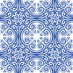Pattern blue and white.Original traditional Portuguese and Spain decor.Seamless pattern tile with Victorian motives.Ceramic tile in talavera style. Ornamental blue and white patterns for any decor.