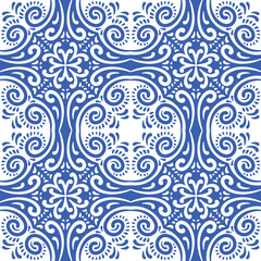 Pattern blue and white.Original traditional Portuguese and Spain decor.Seamless pattern tile with Victorian motives.Ceramic tile in talavera style. Ornamental blue and white patterns for any decor.