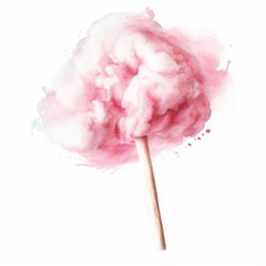Watercolor image of a cotton candy stick with fluffy pink stains on white background. AI generated