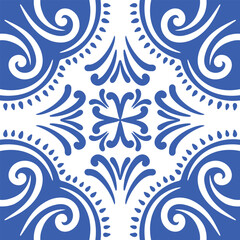 Pattern blue and white.Original traditional Portuguese and Spain decor.Seamless pattern tile with Victorian motives.Ceramic tile in talavera style. Ornamental blue and white patterns for any decor.