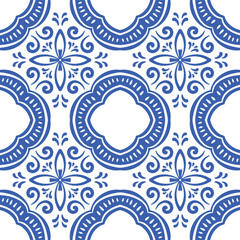 Pattern blue and white.Original traditional Portuguese and Spain decor.Seamless pattern tile with Victorian motives.Ceramic tile in talavera style. Ornamental blue and white patterns for any decor.