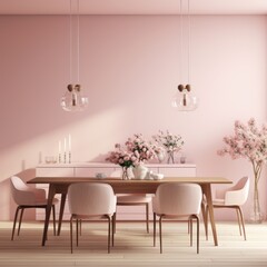 a dining room with pink walls and table and chairs