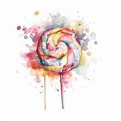 Whimsical watercolor depiction of a jawbreaker candy with multiple layers on white. AI generated
