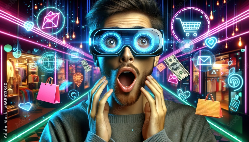 Wall mural immersed in a futuristic world, a cool person browses virtual clothing shops, their eyewear reflecti