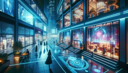 A bustling futuristic city street filled with shoppers, illuminated by bright lights and adorned with captivating street art, capturing the essence of urban life