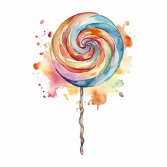 Whimsical watercolor painting of a lollipop with vibrant swirls on white background. AI generated