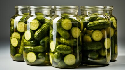 Ickled cucumbers in a jar on a white background. Generative AI.